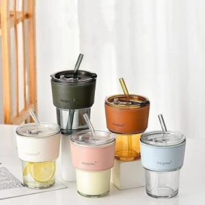Vaso/Mug de vidrio de borosilicato con tapa y sorbito - Promo 4 unidades
