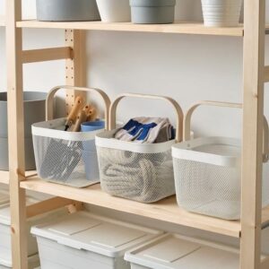 X- Cesto/canasto multiuso con asa de madera color Beige
