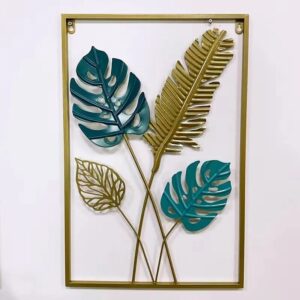 Cuadro decorativo de metal Diseño Hojas azules y dorado