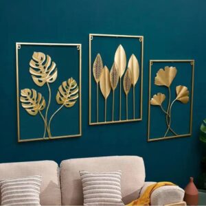 Set De 3 Cuadros Decorativos De Metal Dorado - Diseño Hojas