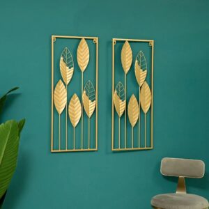 Set De 2 Cuadros Decorativos De Metal Dorado - Diseño Hojas 70cm*30cm